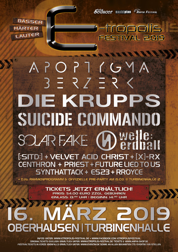 NEWS IX. E-TROPOLIS FESTIVAL 2019 - OF LEGENDS AND HYMNS OF STEEL with DIE KRUPPS and VELVET ACID CHRIST!