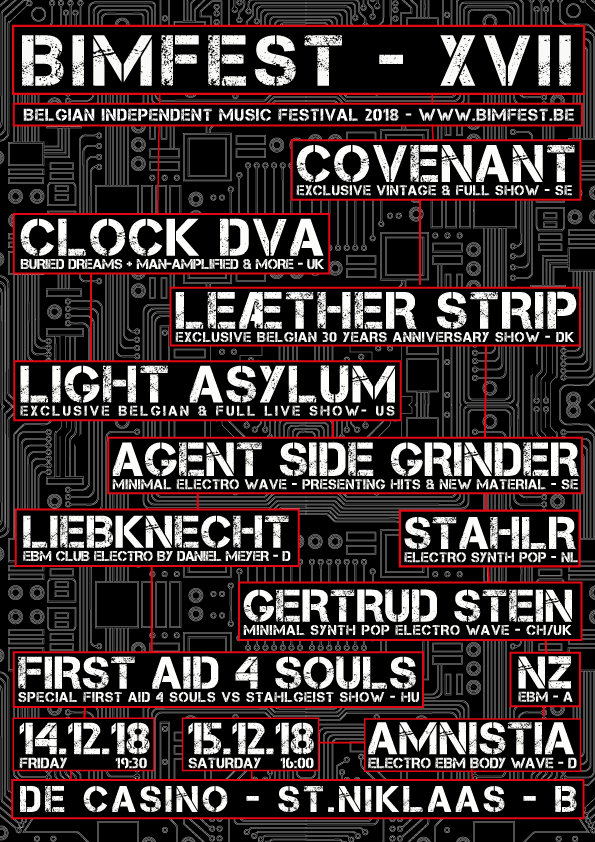 NEWS This weekend, BIMFEST 2018 kicks off with Covenant, Leaether Strip, Light Asylum, Clock Dva & Agent Side Grinder amongst others!